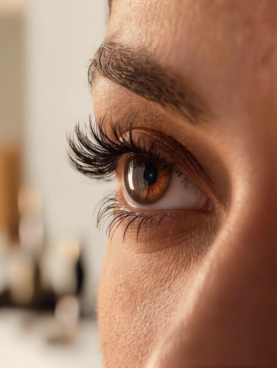 Close-up of an eye with layered, dimensional lash extensions