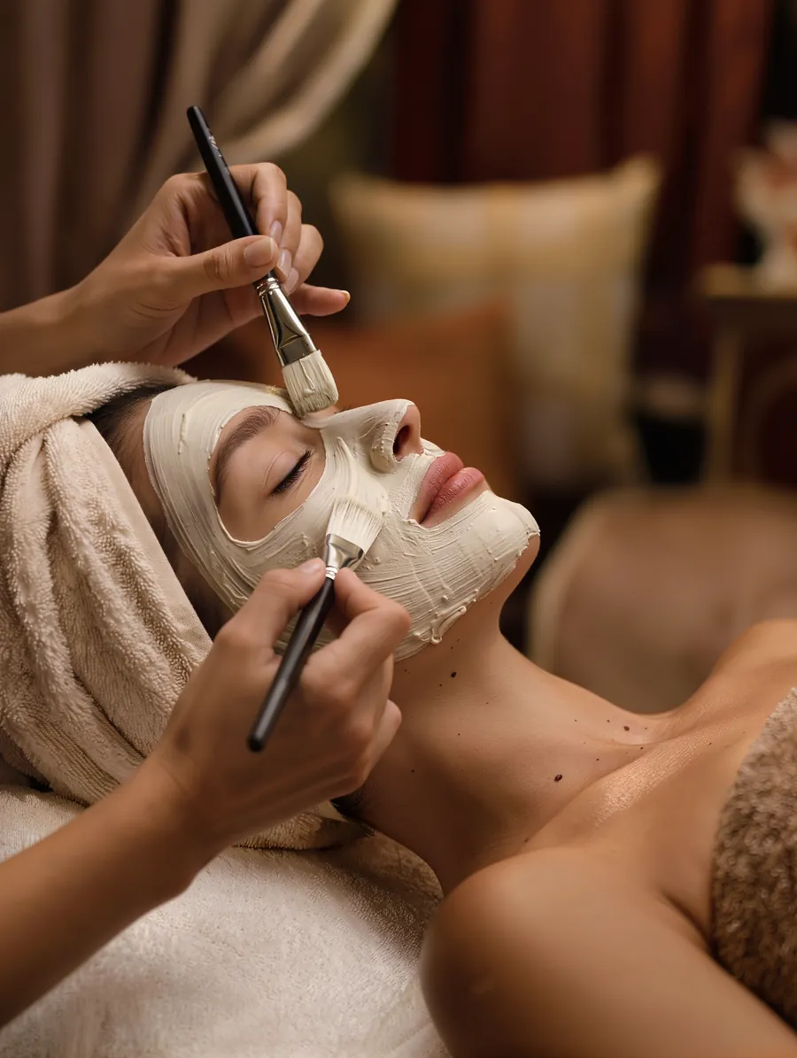 A clay mask being brushed onto a client's face during a facial