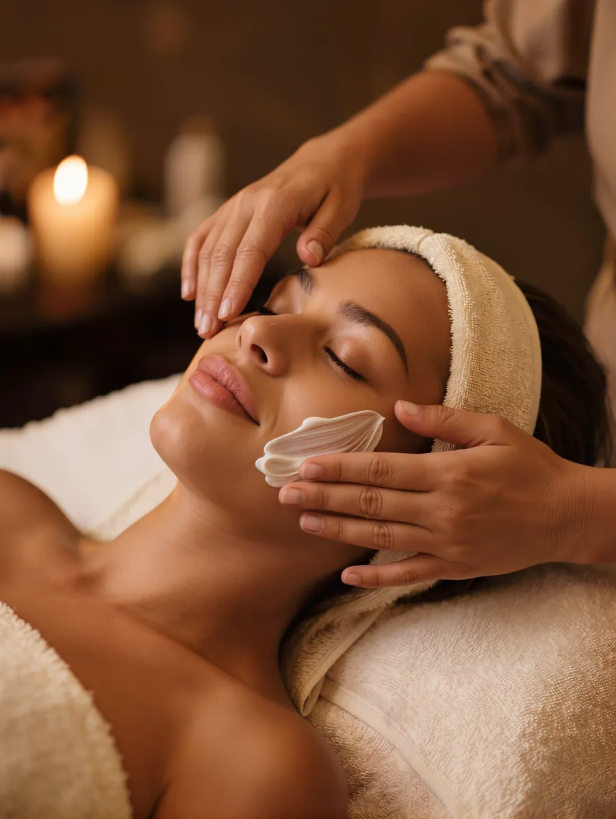 An esthetician massaging a relaxed client's face with a smooth facial tool