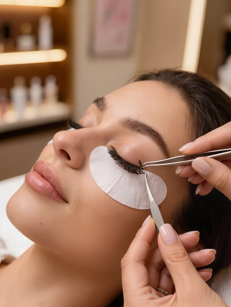 A lash artist placing classic lash extensions on a client with eyes closed