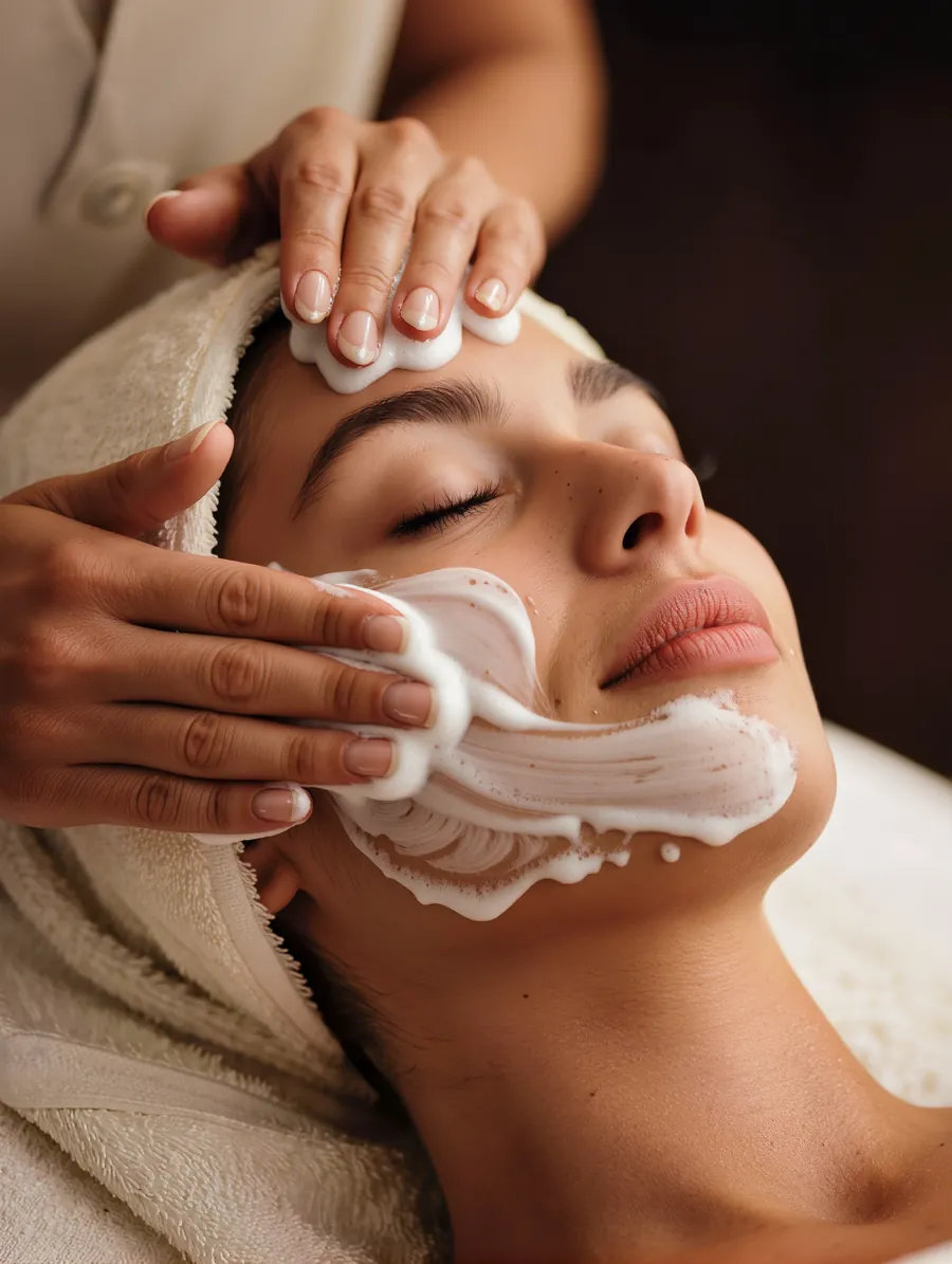 Cleansing foam being wiped from a client's face during a facial