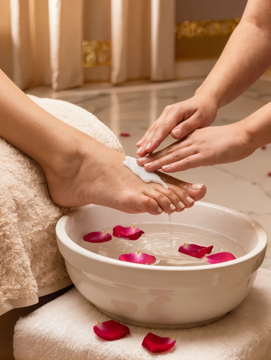 A pedicure over a ceramic foot basin scattered with rose petals