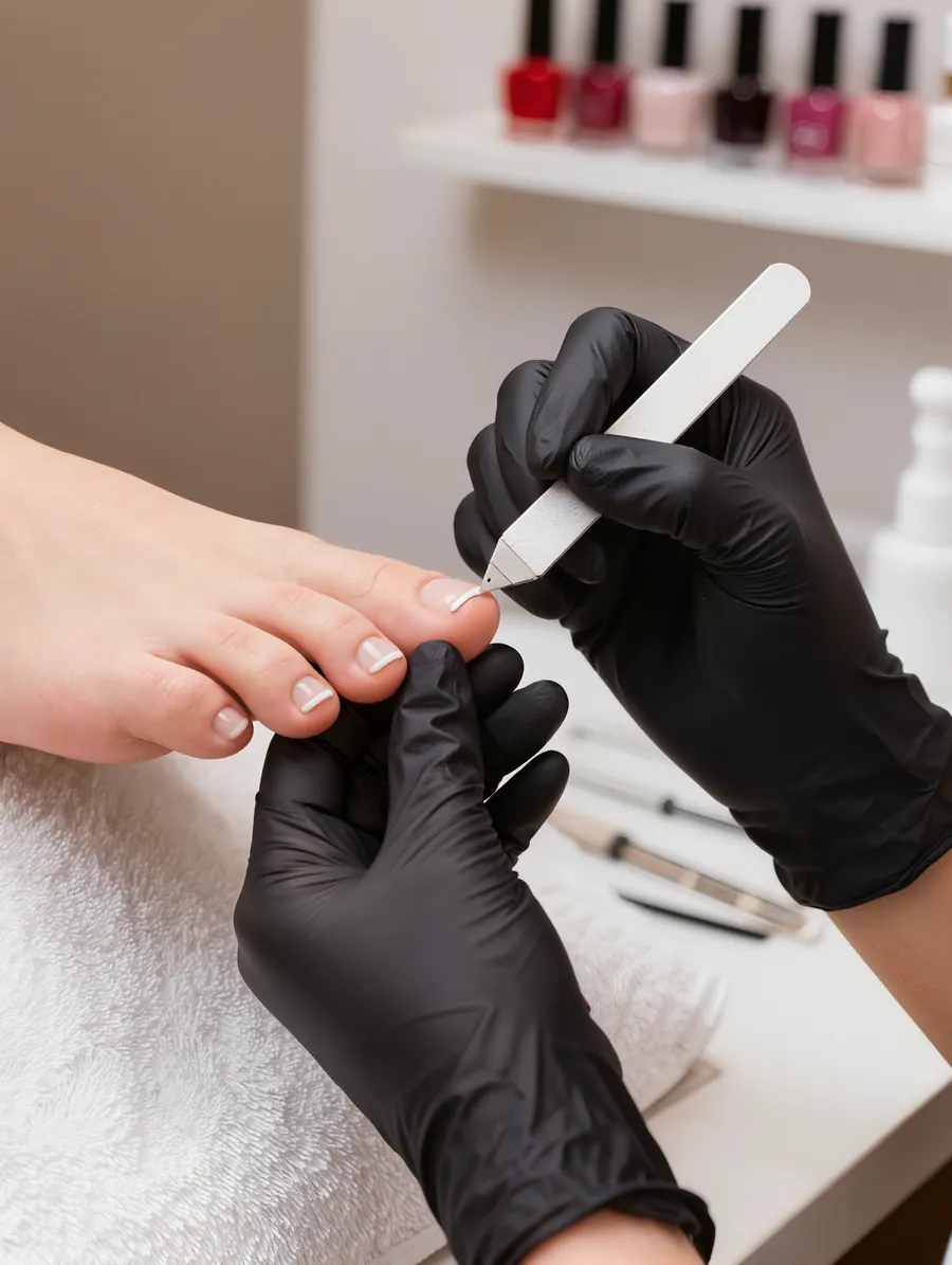 A gloved technician refining short toenails finished with a natural overlay