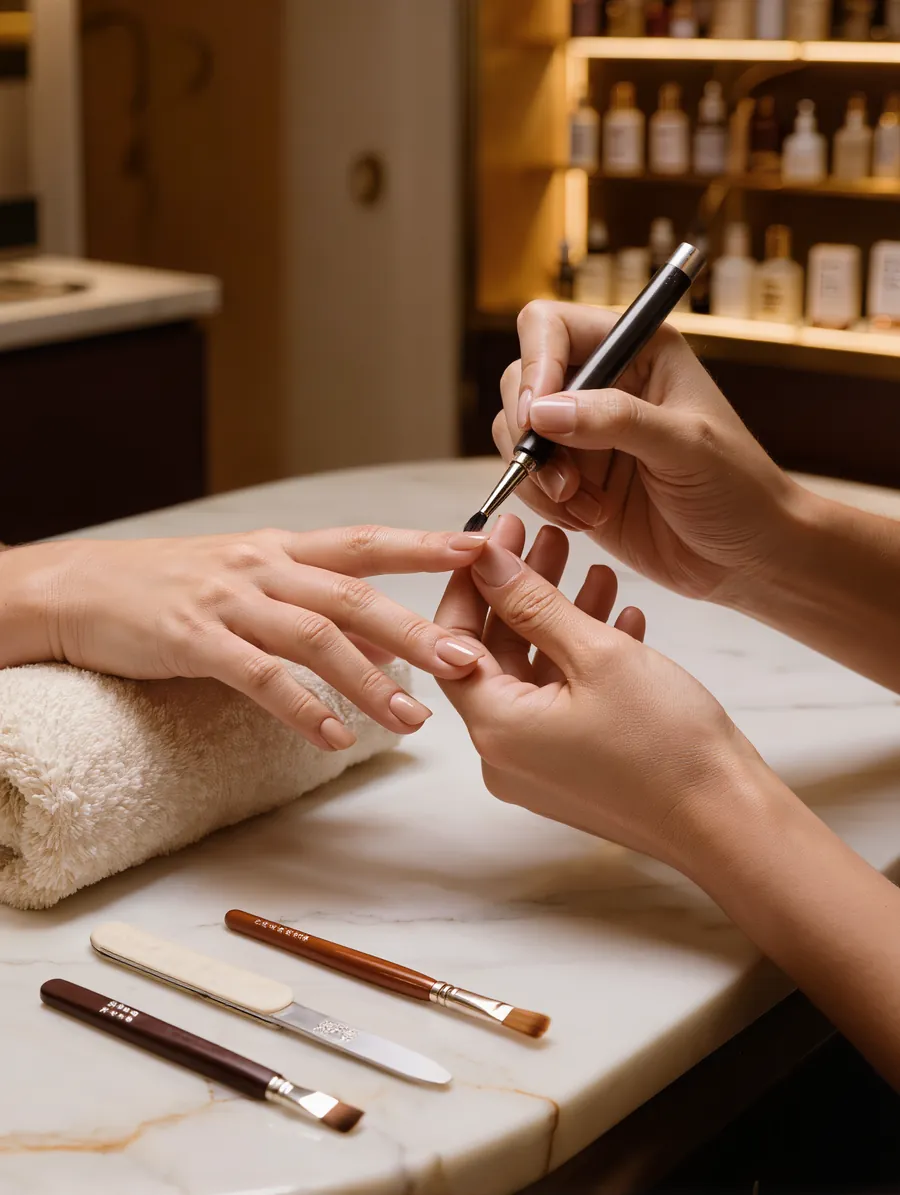 A nail technician sculpting a nail extension with a fine brush