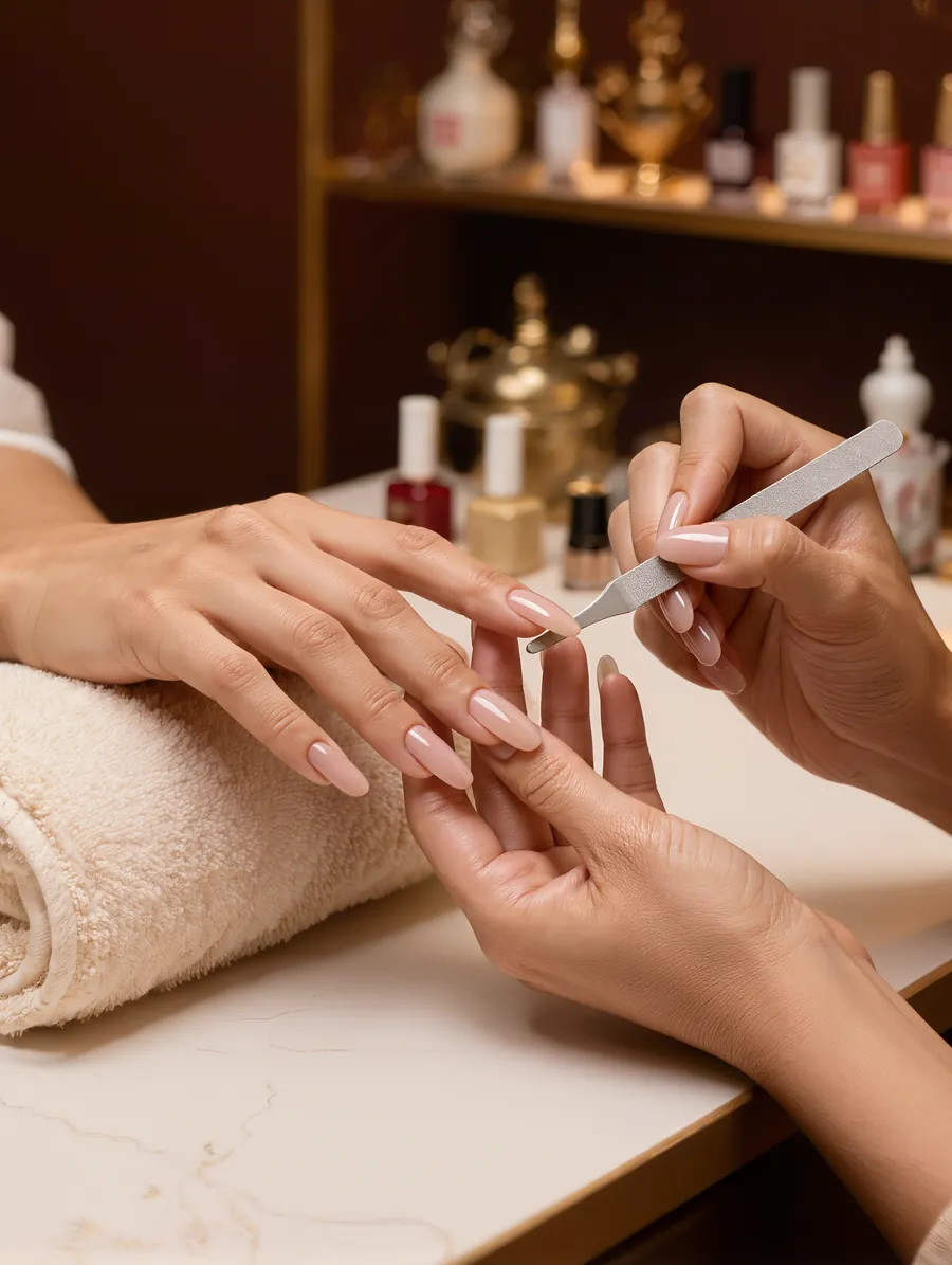 Almond gel extensions in a glossy nude-pink finish being refined by a nail technician