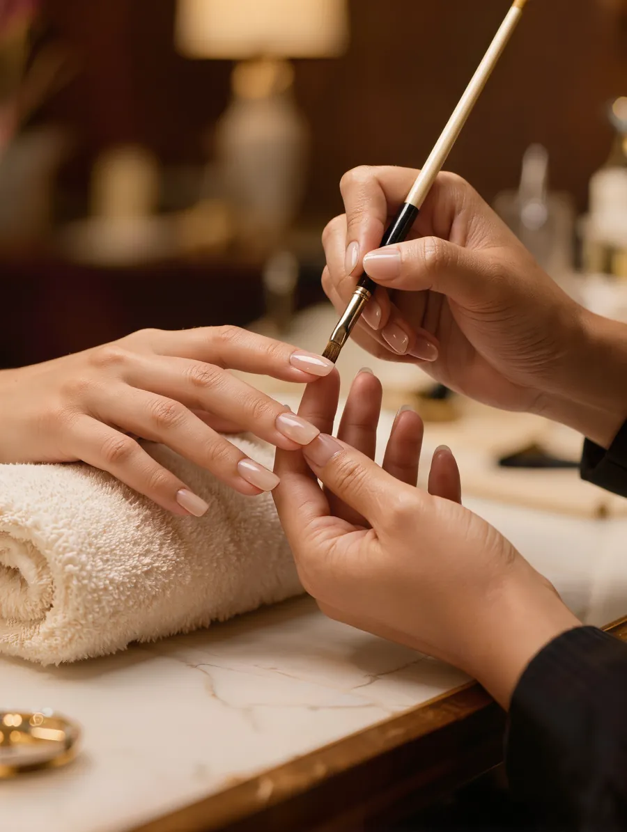 A thin gel overlay being brushed onto natural-length nails