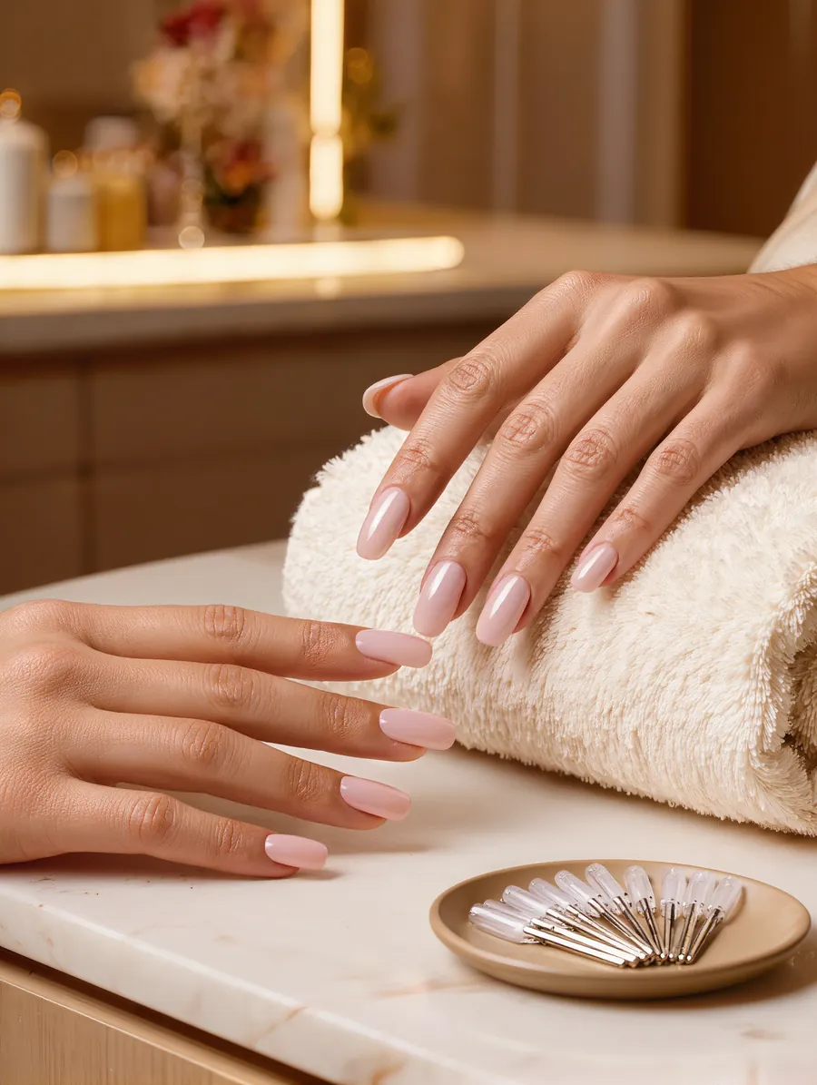 Medium-length full-cover gel extensions in a glossy milky-pink finish