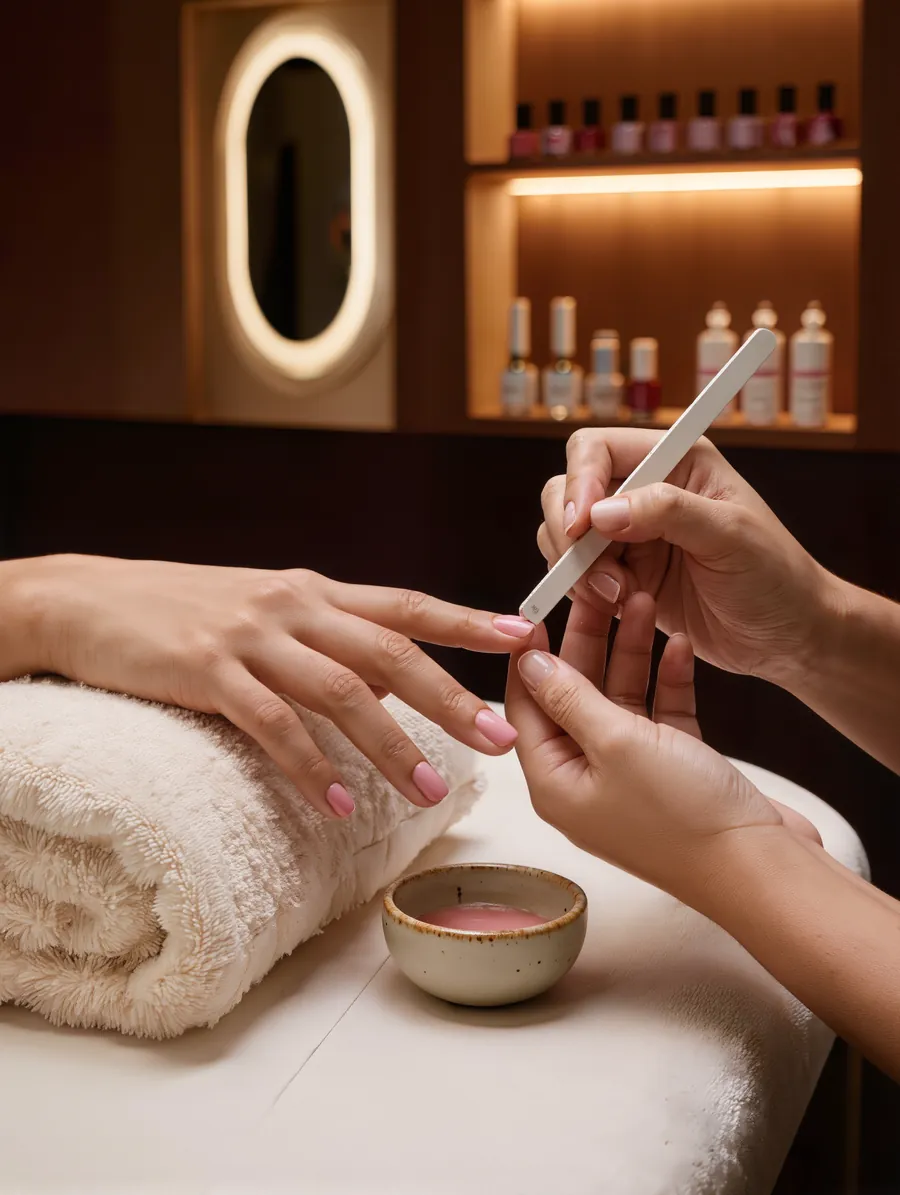 A manicure in progress, with a technician tidying soft-pink polished nails