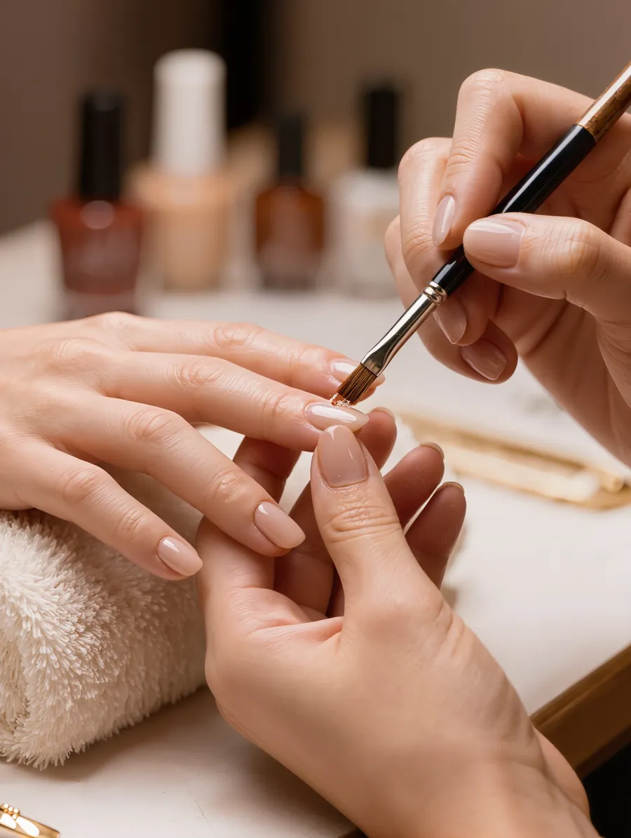 A nail technician refilling the regrowth area of a nude nail extension