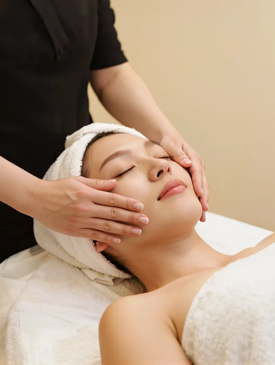 An esthetician gently massaging a relaxed client's face during a facial