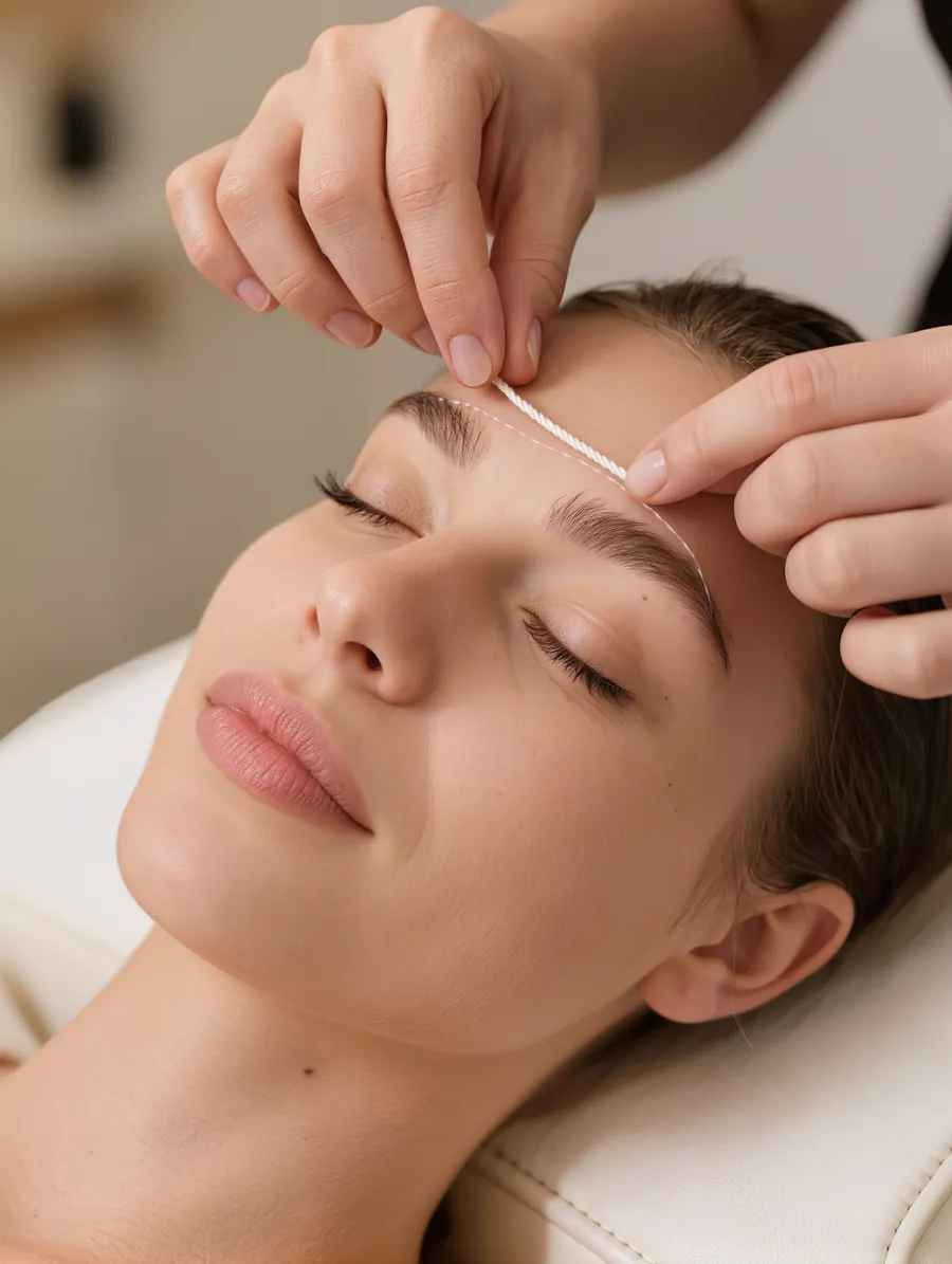 An eyebrow being shaped with a twisted cotton thread