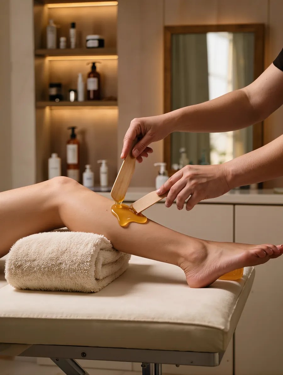 Warm wax being smoothed onto a client's lower leg with a wooden spatula